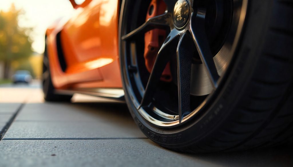 Carbon fiber tire valve caps on luxury car wheels showcasing premium handcrafted design, durability, and performance aesthetics.