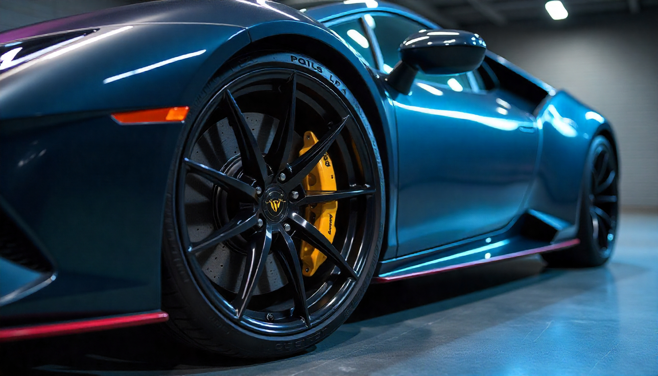 Luxury sports car wheel with carbon fiber valve caps and brightly painted brake calipers, demonstrating how to match carbon fiber car parts with high-performance accents.