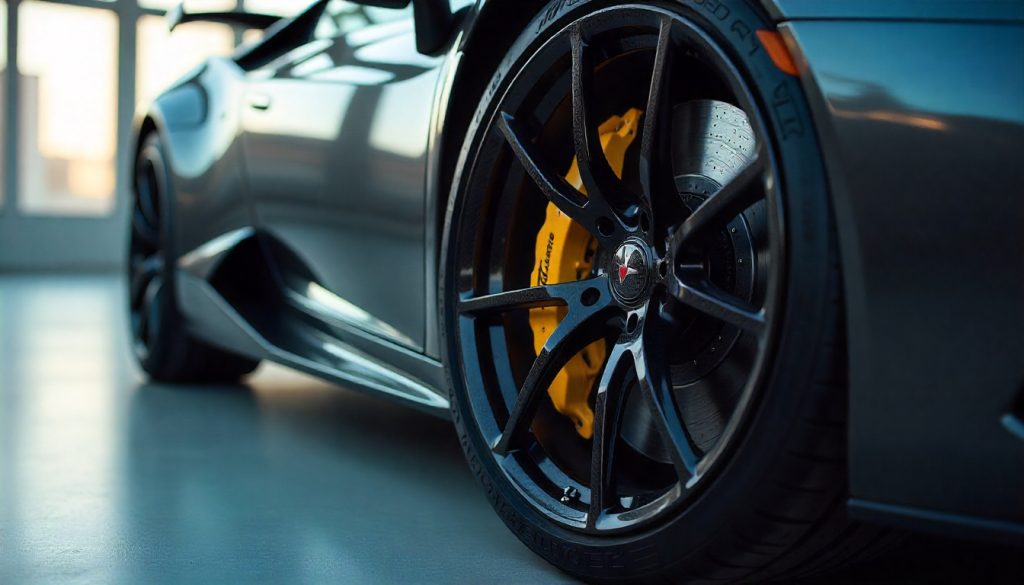 Luxury sports car wheel with carbon fiber valve caps and brightly painted brake calipers, demonstrating how to match carbon fiber car parts with high-performance accents.