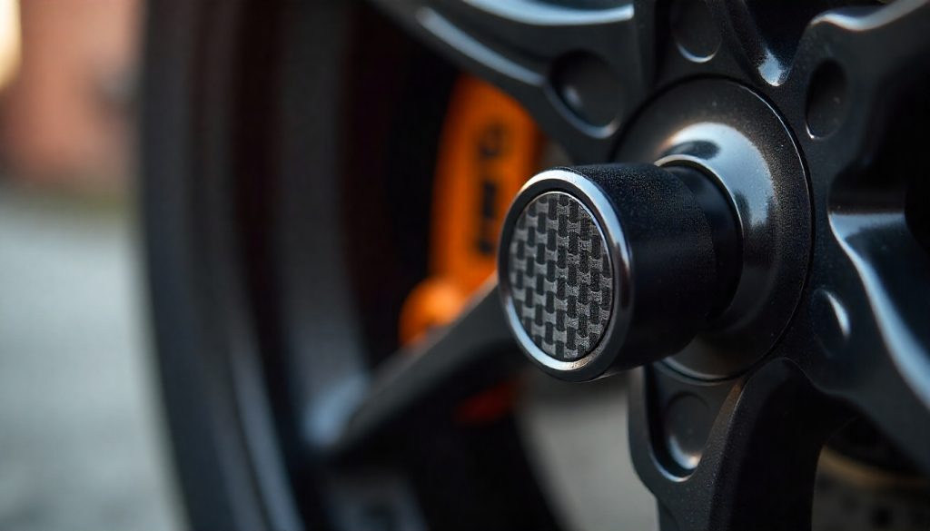 Carbon fiber tire valve cap on a motorcycle wheel showcasing premium weave texture and glossy finish for a luxury performance look.