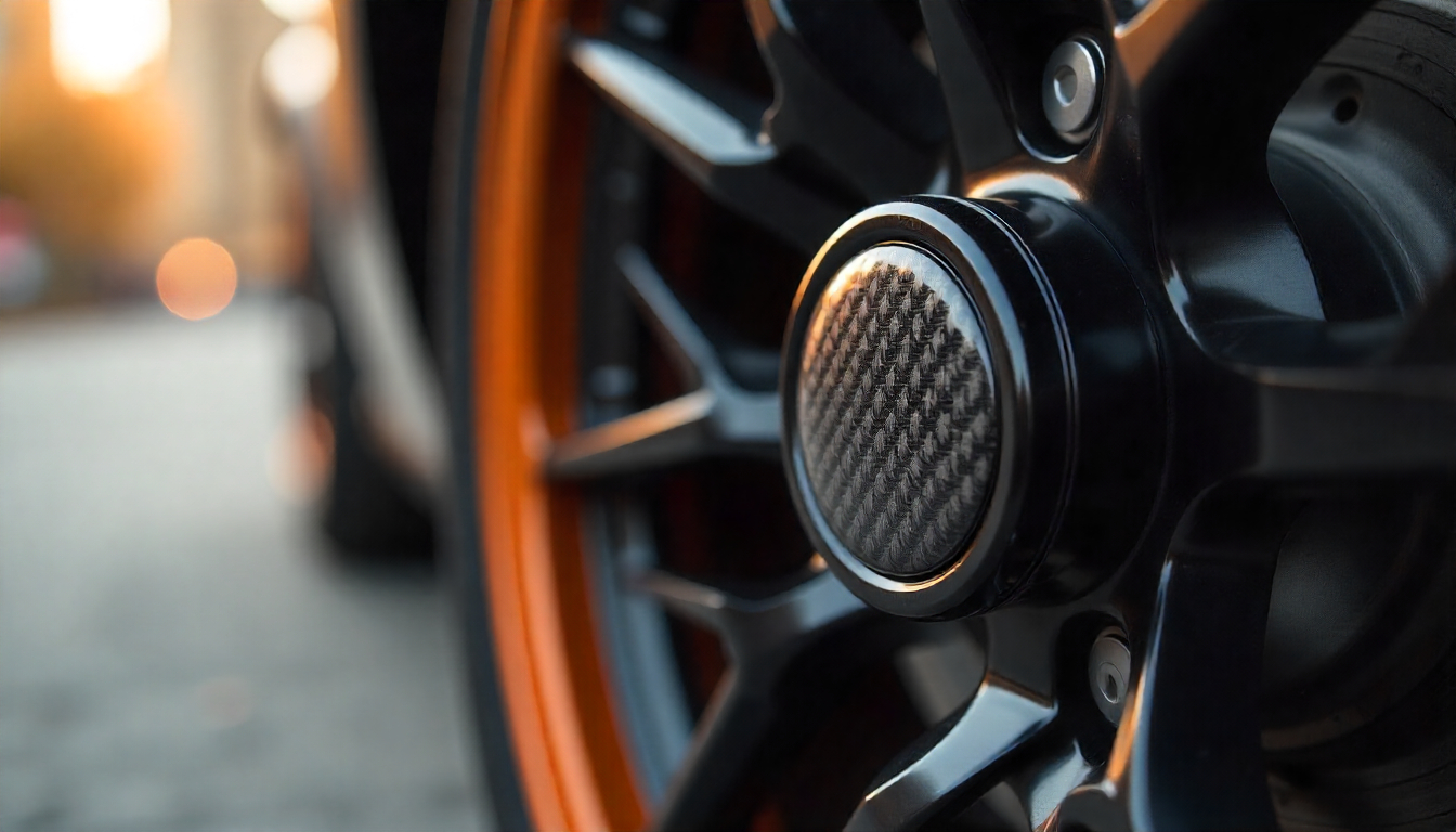 Carbon fiber tire valve cap on a motorcycle wheel showcasing premium weave texture and glossy finish for a luxury performance look.