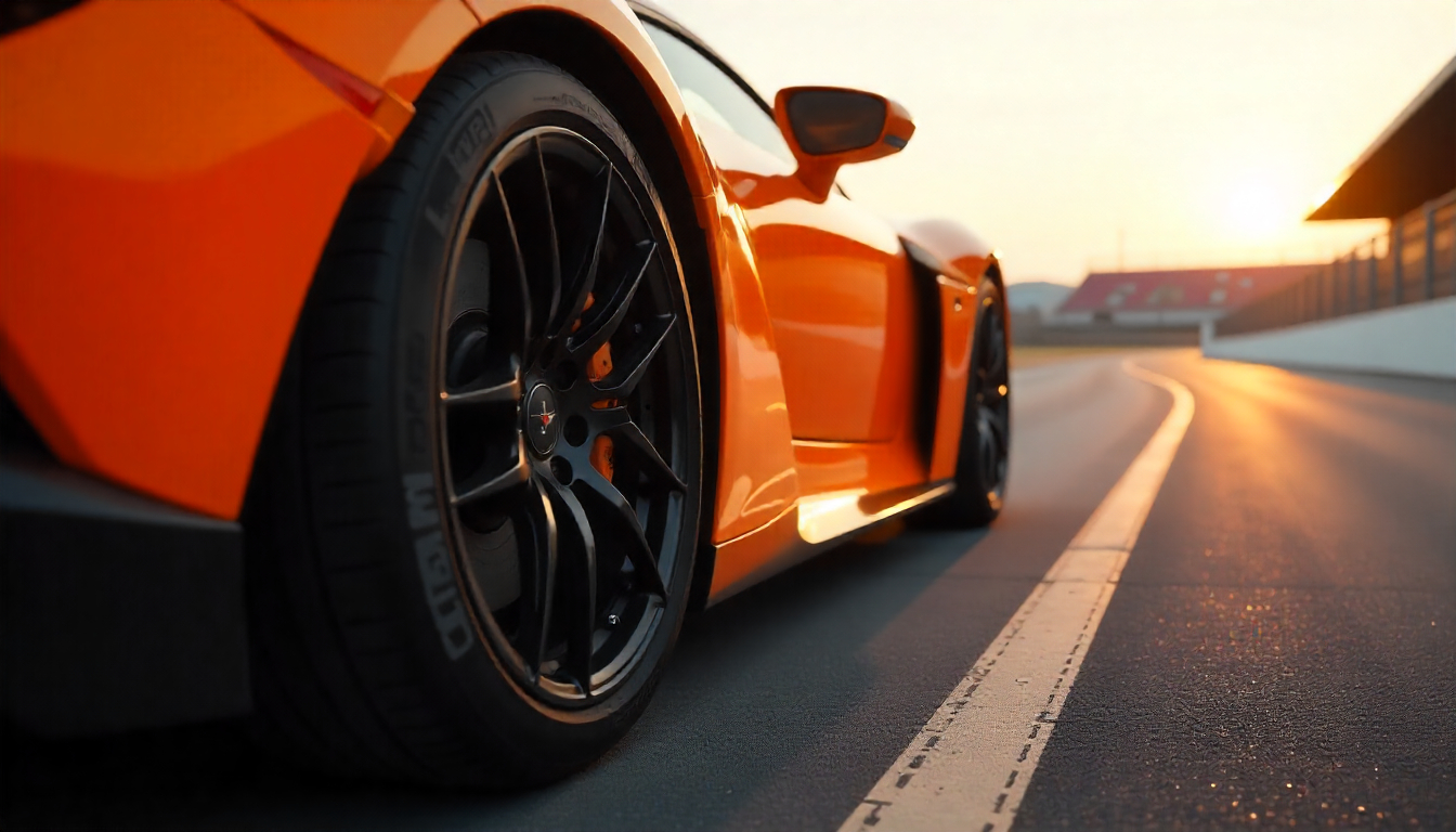 Close-up of carbon fiber tire valve caps on a high-performance sports car wheel at a racetrack, showcasing lightweight design and luxury automotive detail.