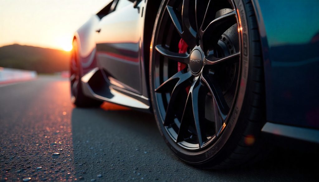 Close-up of carbon fiber tire valve caps on a high-performance sports car wheel at a racetrack, showcasing lightweight design and luxury automotive detail.