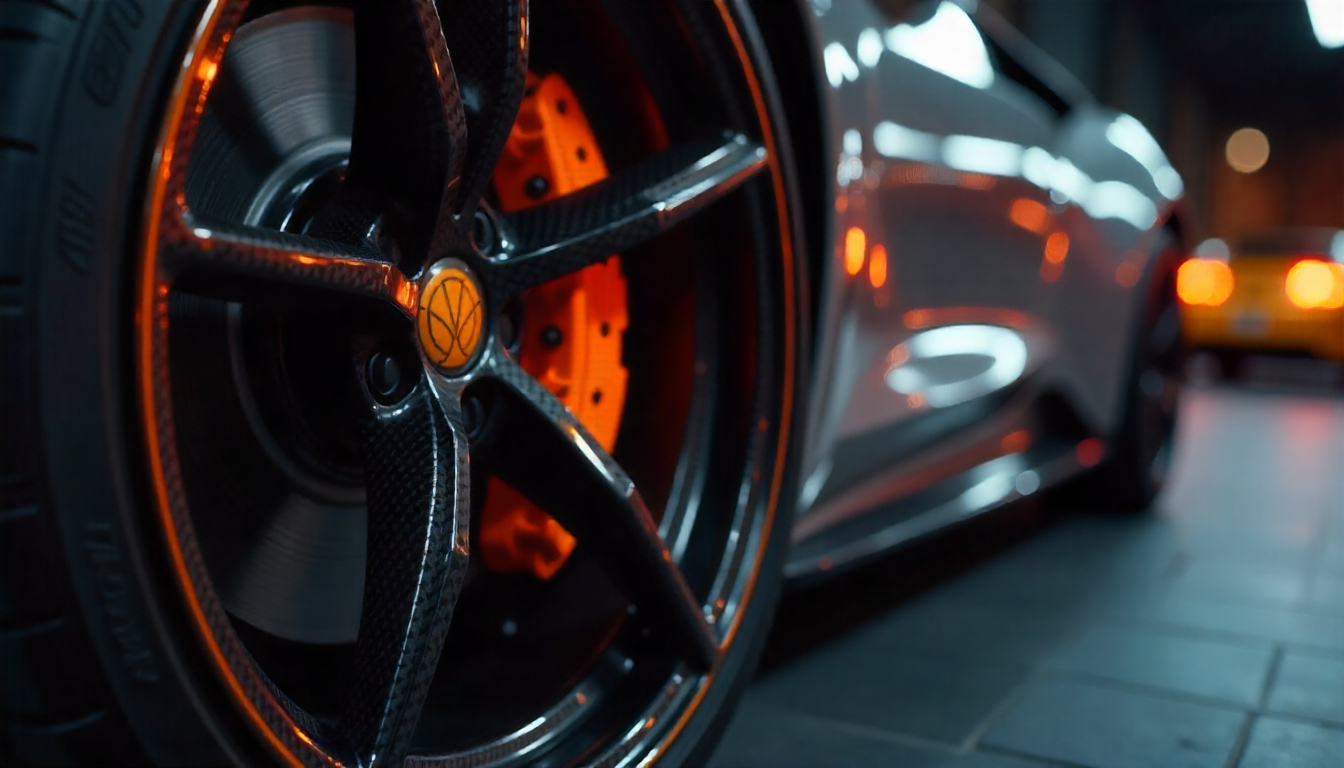 Close-up of a luxury sports car wheel featuring real carbon fiber tire valve caps with a glossy weave pattern.