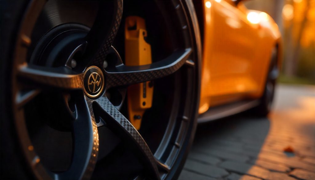 Close-up of a luxury sports car wheel featuring real carbon fiber tire valve caps with a glossy weave pattern.
