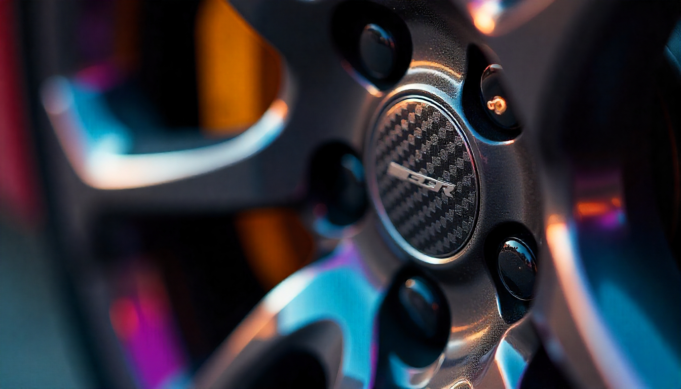 Carbon fiber tire valve caps with twill weave and glossy finish on a luxury sports car wheel.