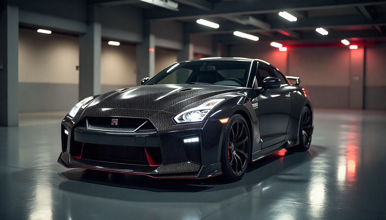 Nissan GT-R with carbon fiber detailing in a luxury garage, showcasing high-performance automotive design and premium craftsmanship