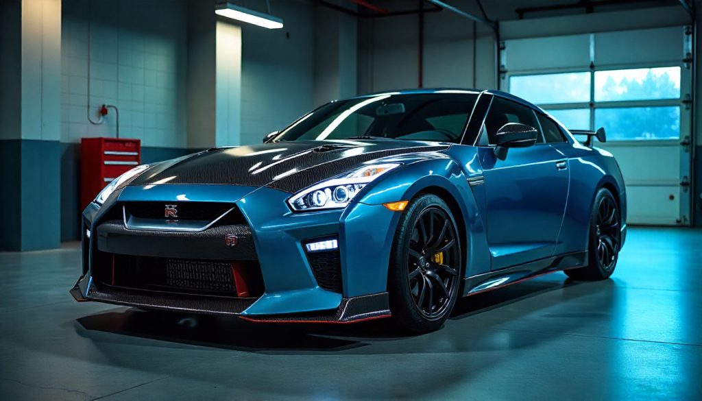 Nissan GT-R with carbon fiber detailing in a luxury garage, showcasing high-performance automotive design and premium craftsmanship