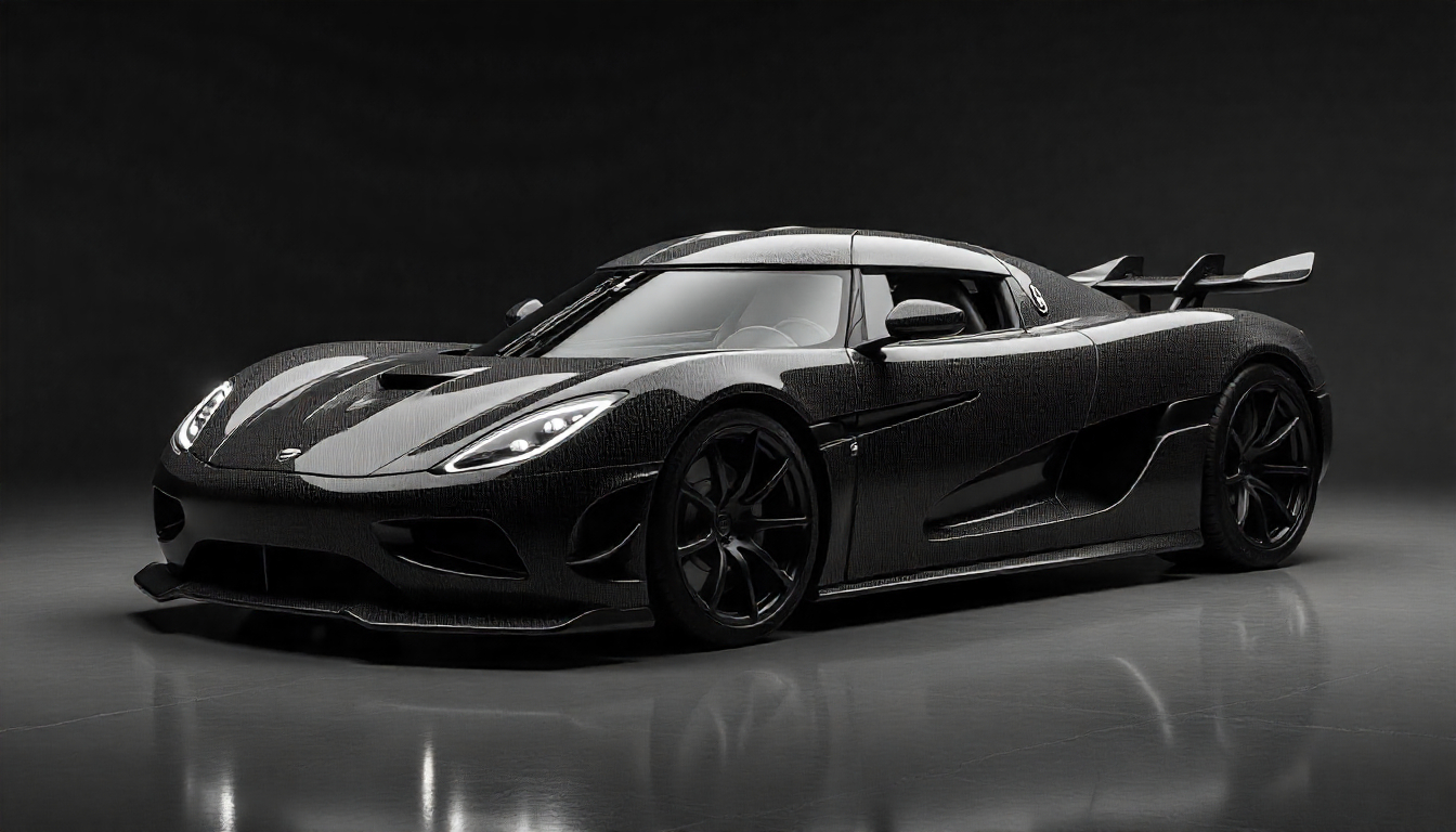 Carbon fiber Koenigsegg-inspired hypercar showcasing exposed carbon weave, Naked Carbon finish, and lightweight carbon fiber wheels in a luxury studio setting