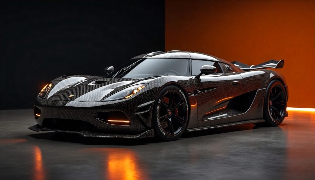 Carbon fiber Koenigsegg-inspired hypercar showcasing exposed carbon weave, Naked Carbon finish, and lightweight carbon fiber wheels in a luxury studio setting