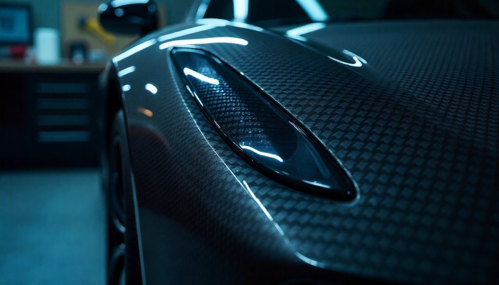 Close-up view of handcrafted carbon fiber on a luxury sports car part, showcasing high-gloss weave pattern and precision detailing in a premium workshop setting.