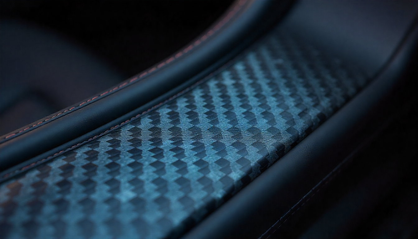 Close-up of rare 2K carbon fiber weave on a handcrafted luxury car interior panel in a high-end exotic vehicle