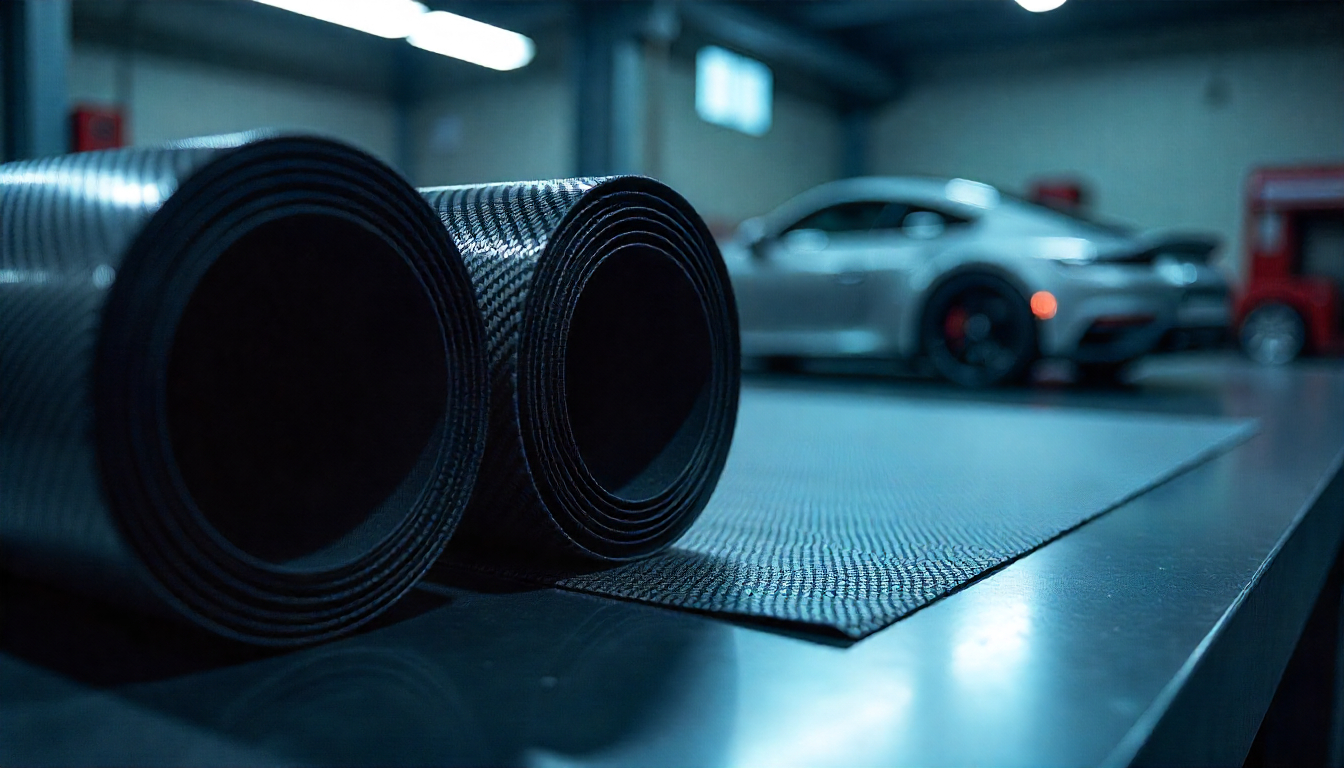 close-up of carbon fiber fabric rolls in a luxury automotive workshop with high-performance cars in the background