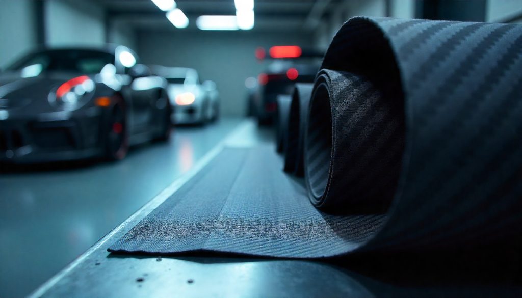 close-up of carbon fiber fabric rolls in a luxury automotive workshop with high-performance cars in the background