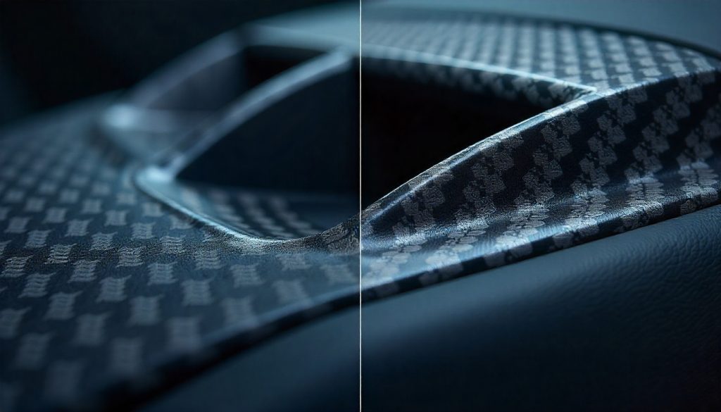 Side-by-side close-up of 3K and 12K carbon fiber weaves on automotive components showing the difference in texture and weave density