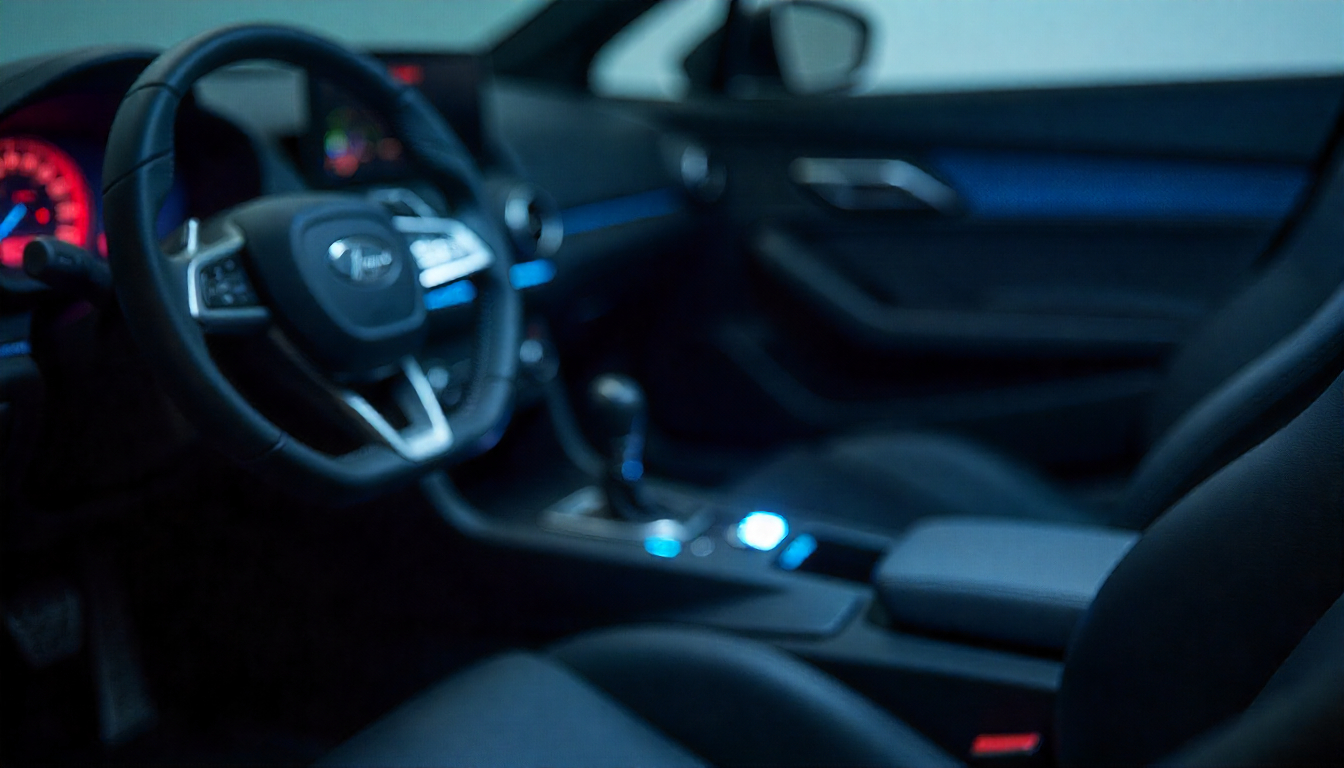 Close-up view of T1000 carbon fiber weave with a luxury performance car interior in the background showcasing custom carbon fiber steering wheel and dashboard trim.