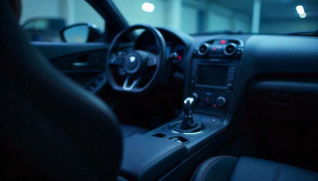 Close-up view of T1000 carbon fiber weave with a luxury performance car interior in the background showcasing custom carbon fiber steering wheel and dashboard trim.