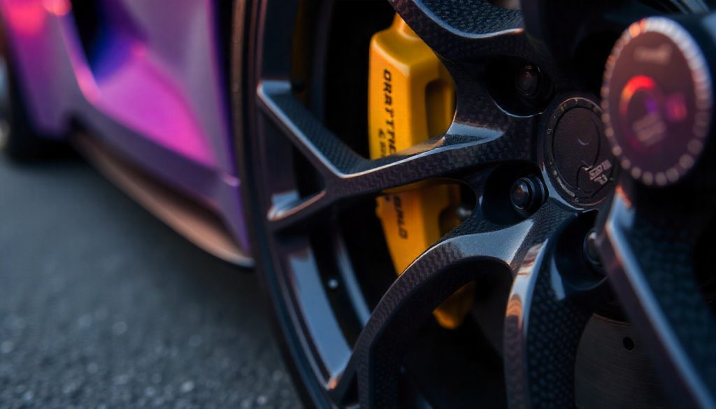 Close-up of carbon fiber tire valve caps on a luxury sports car wheel, highlighting the glossy weave pattern and premium automotive design.