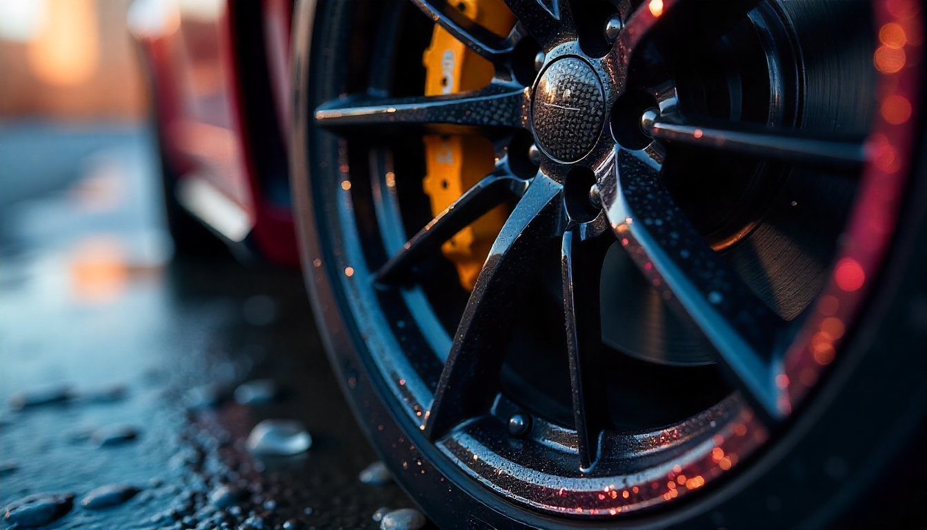 Close-up of a sports car wheel featuring carbon fiber tire valve caps with a glossy woven finish, designed for durability and style in extreme weather.