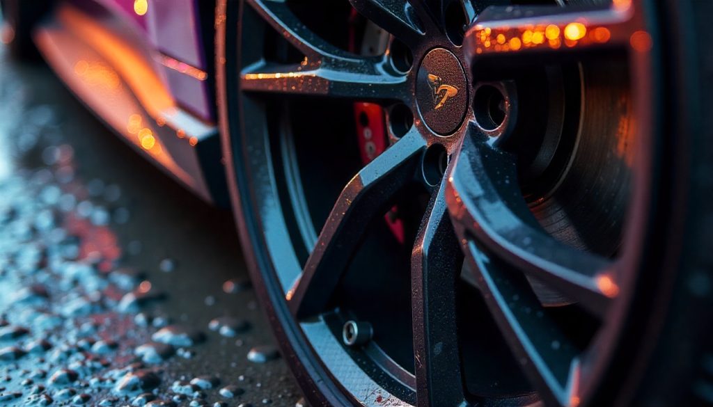 Close-up of a sports car wheel featuring carbon fiber tire valve caps with a glossy woven finish, designed for durability and style in extreme weather.