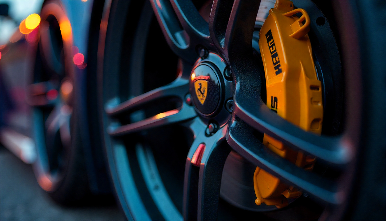 Close-up of a luxury sports car wheel with handcrafted carbon fiber valve stem caps highlighting lightweight design and premium automotive style.