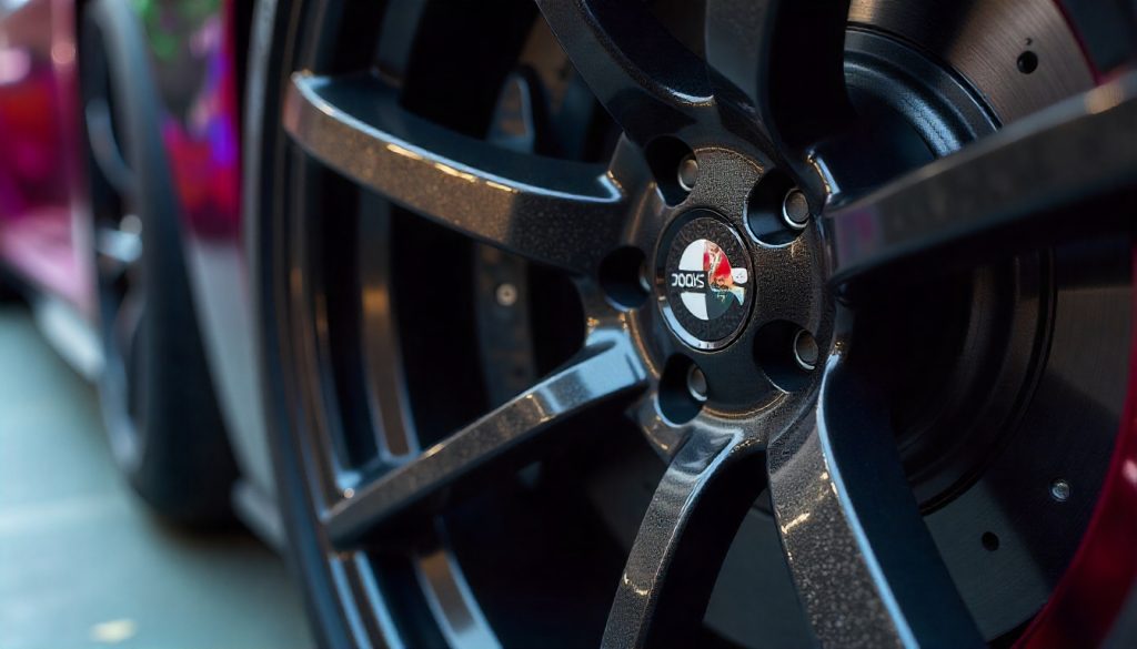 Close-up of a luxury sports car wheel with handcrafted carbon fiber valve stem caps highlighting lightweight design and premium automotive style.