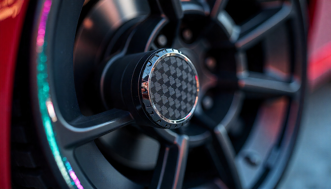 Close-up of a luxury sports car wheel featuring carbon fiber tire valve caps with a distinctive woven finish, highlighting premium design and performance aesthetics.