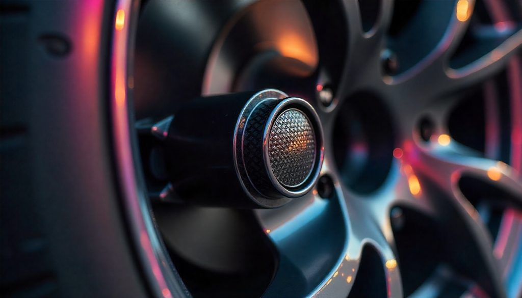 Close-up of a luxury sports car wheel featuring carbon fiber tire valve caps with a distinctive woven finish, highlighting premium design and performance aesthetics.