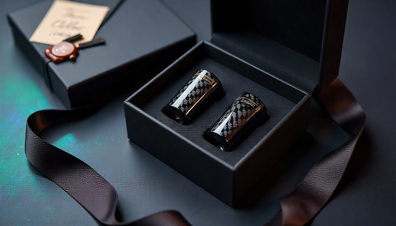 Luxury carbon fiber tire valve caps in a matte black gift box with velvet interior, satin ribbon, and premium packaging for car enthusiasts.