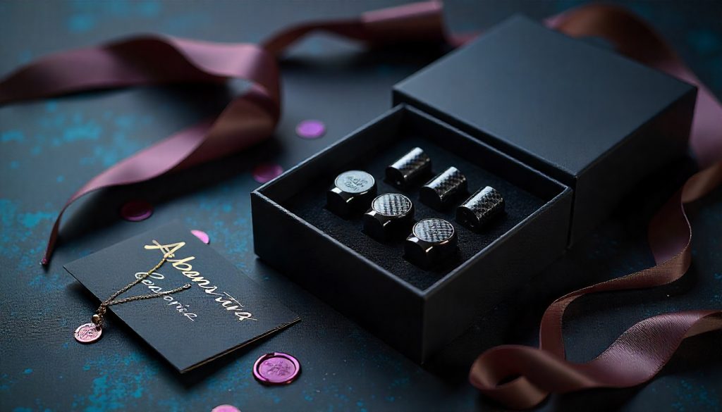 Luxury carbon fiber tire valve caps in a matte black gift box with velvet interior, satin ribbon, and premium packaging for car enthusiasts.