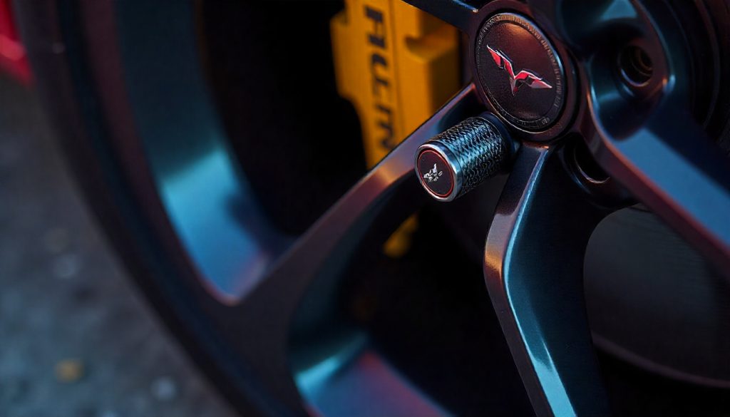 Close-up of premium carbon fiber tire valve caps on a high-end sports car wheel, showcasing glossy weave texture and luxury automotive detailing.