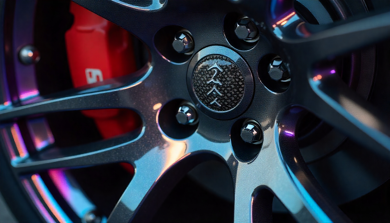 Carbon fiber tire valve caps on a high-end sports car wheel highlighting premium weave texture and luxury automotive design.