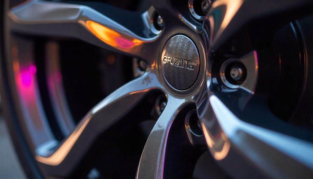 Carbon fiber tire valve caps on a high-end sports car wheel highlighting premium weave texture and luxury automotive design.