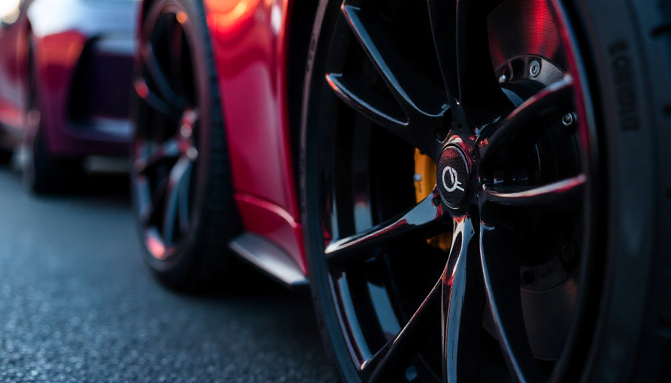 Luxury car wheels with carbon fiber tire valve caps paired on gloss black and matte black rims, highlighting premium handcrafted automotive styling.