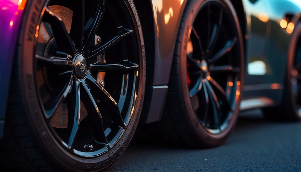 Luxury car wheels with carbon fiber tire valve caps paired on gloss black and matte black rims, highlighting premium handcrafted automotive styling.