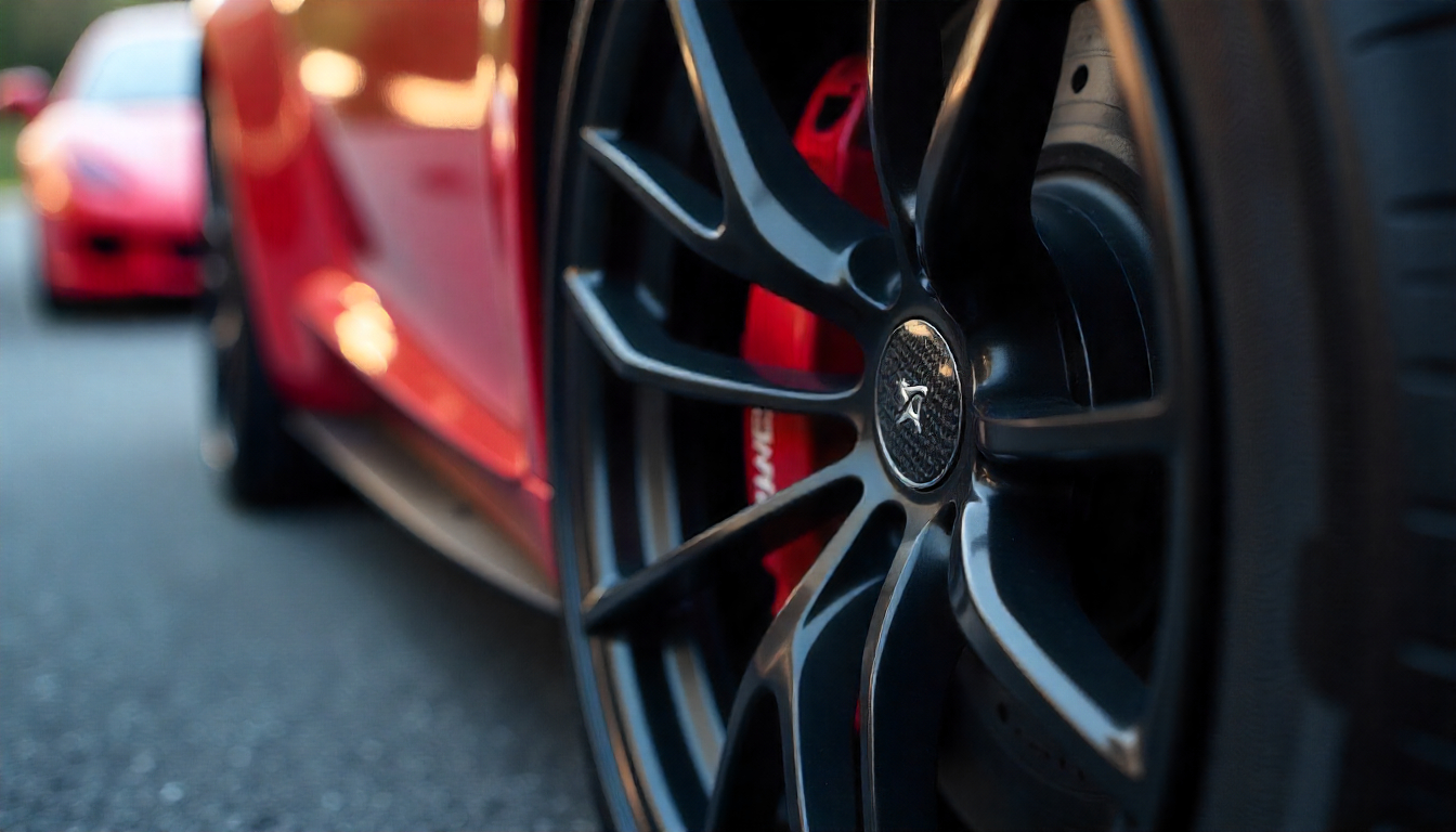 Close-up of a luxury sports car wheel featuring glossy carbon fiber tire valve caps that highlight performance and premium automotive design.