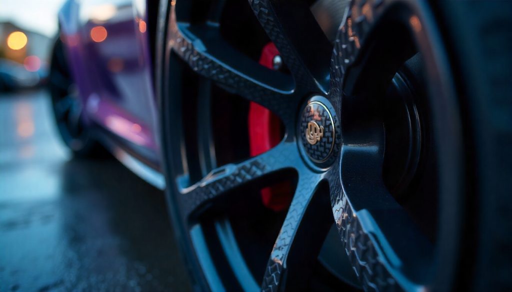 Close-up of a luxury sports car wheel featuring glossy carbon fiber tire valve caps that highlight performance and premium automotive design.