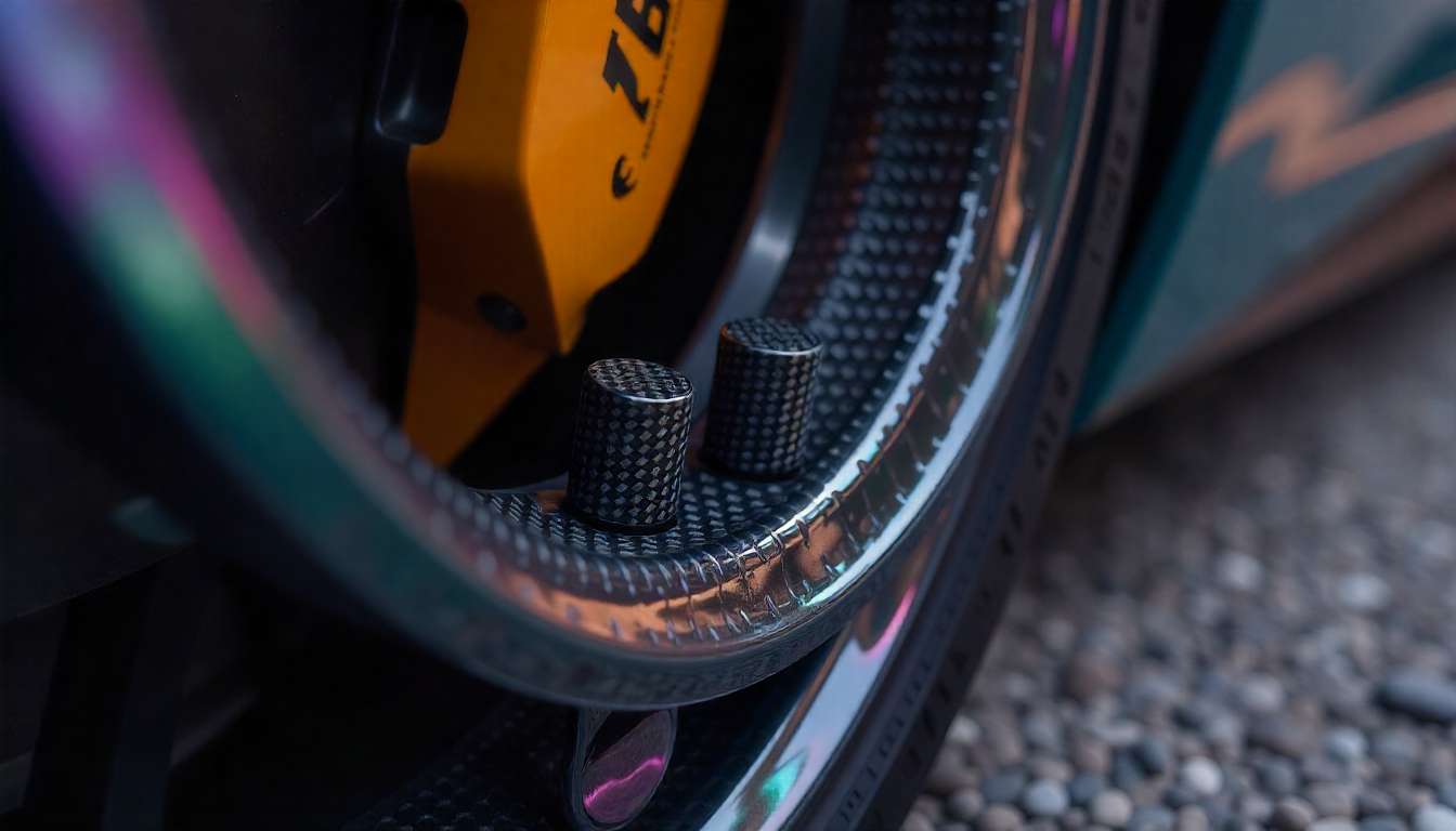 Close-up of carbon fiber tire valve caps on a luxury sports car wheel, highlighting the glossy woven texture and premium automotive customization detail.