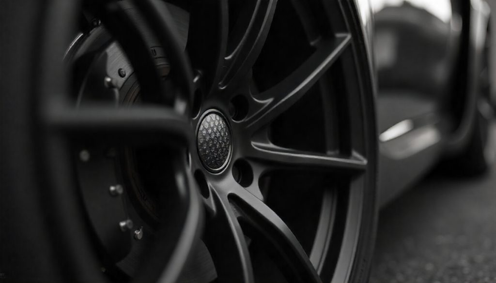 Close-up of carbon fiber tire valve caps on a luxury sports car wheel, highlighting the glossy woven texture and premium automotive customization detail.