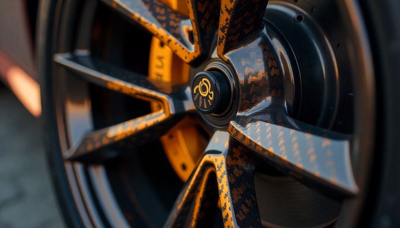 Close-up of authentic carbon fiber tire valve caps on a high-end performance car wheel showing 3D weave pattern and glossy finish.