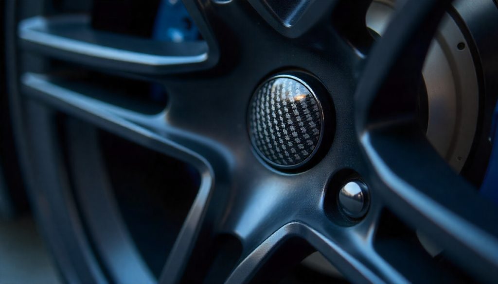 Close-up of authentic carbon fiber tire valve caps on a high-end performance car wheel showing 3D weave pattern and glossy finish.
