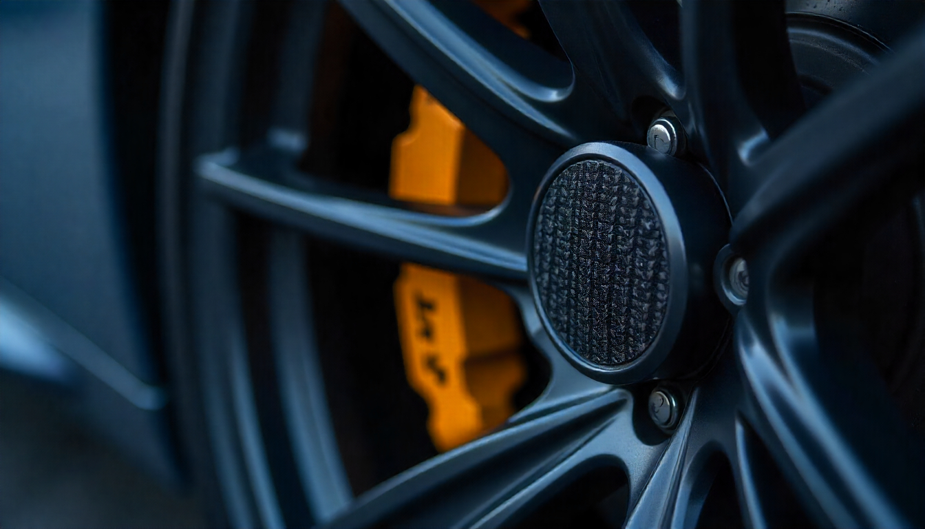 Close-up of a carbon fiber tire valve cap on a luxury sports car wheel, highlighting premium craftsmanship and TPMS compatibility.