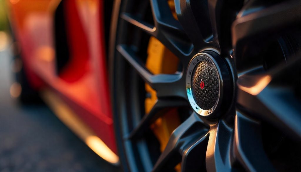 Close-up of a carbon fiber tire valve cap on a luxury sports car wheel, highlighting premium craftsmanship and TPMS compatibility.