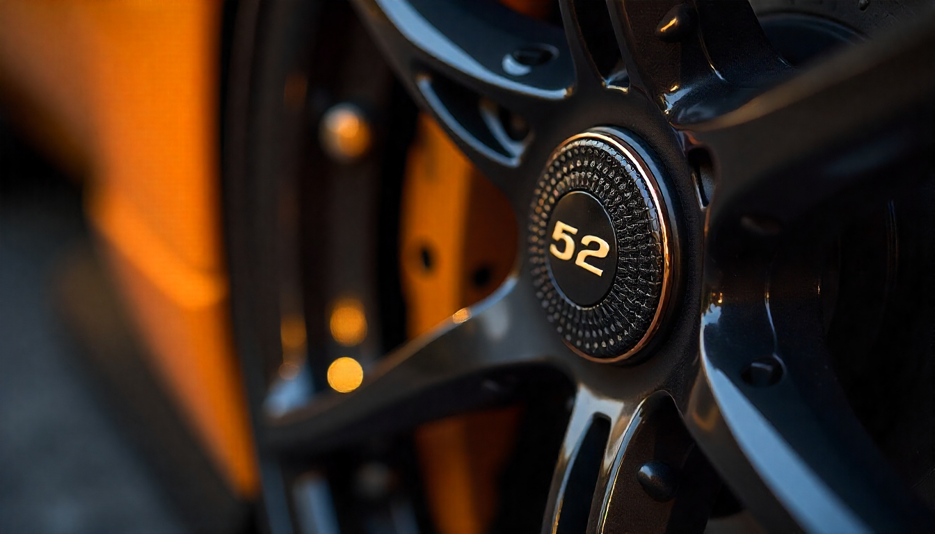 Close-up of glossy carbon fiber tire valve caps on a luxury sports car wheel, highlighting premium design and corrosion-resistant finish.