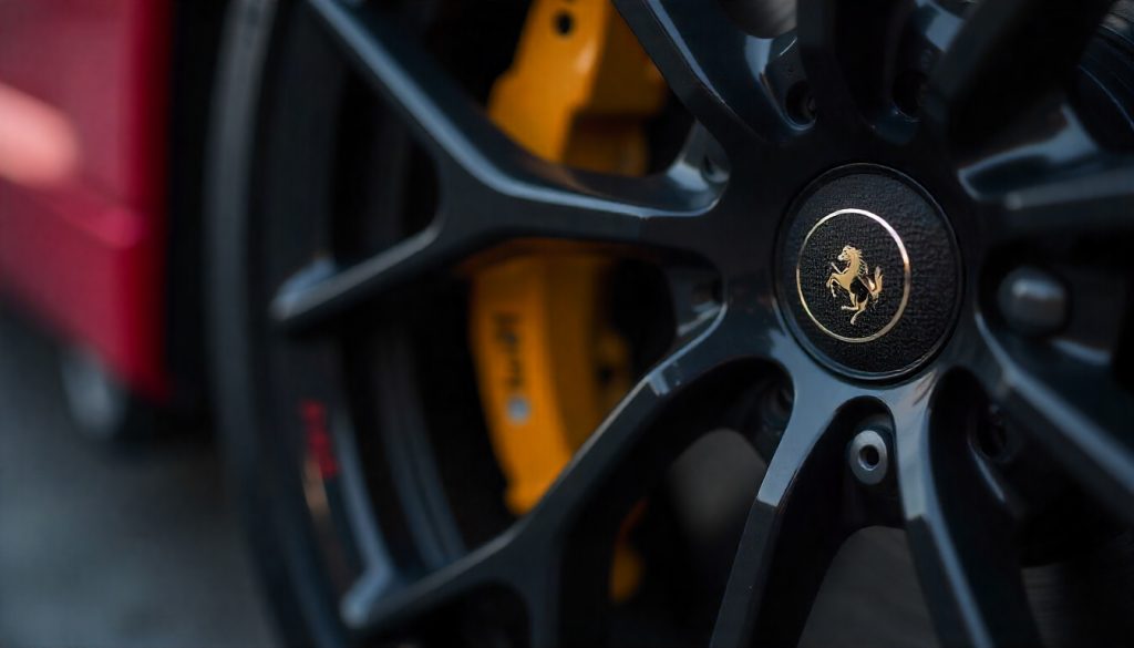 Close-up of glossy carbon fiber tire valve caps on a luxury sports car wheel, highlighting premium design and corrosion-resistant finish.