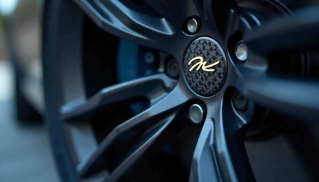 Close-up of carbon fiber tire valve caps on a sports car wheel, highlighting the glossy woven carbon fiber texture and premium automotive detail.