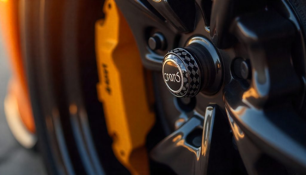 Close-up of carbon fiber tire valve caps on a sports car wheel, highlighting the glossy woven carbon fiber texture and premium automotive detail.