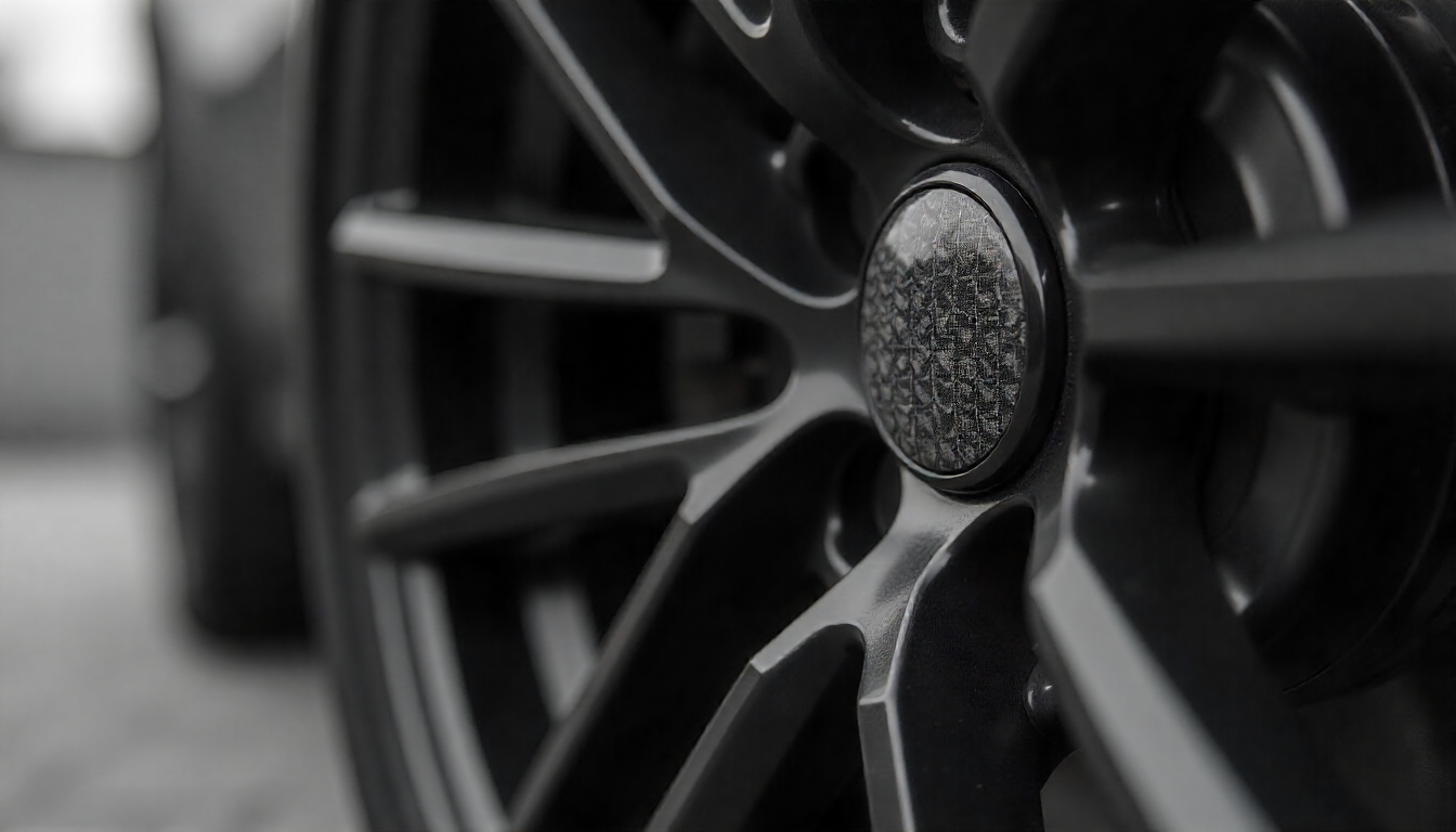 Close-up of a luxury sports car wheel with carbon fiber tire valve caps, showcasing premium carbon fiber texture and high-end automotive design.