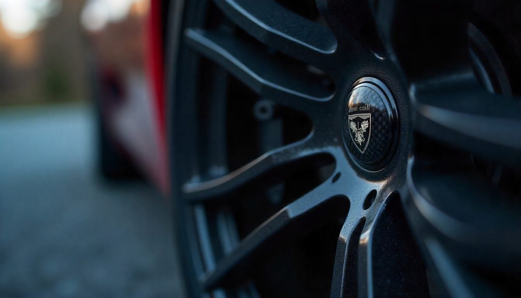 Close-up of a luxury sports car wheel with carbon fiber tire valve caps, showcasing premium carbon fiber texture and high-end automotive design.