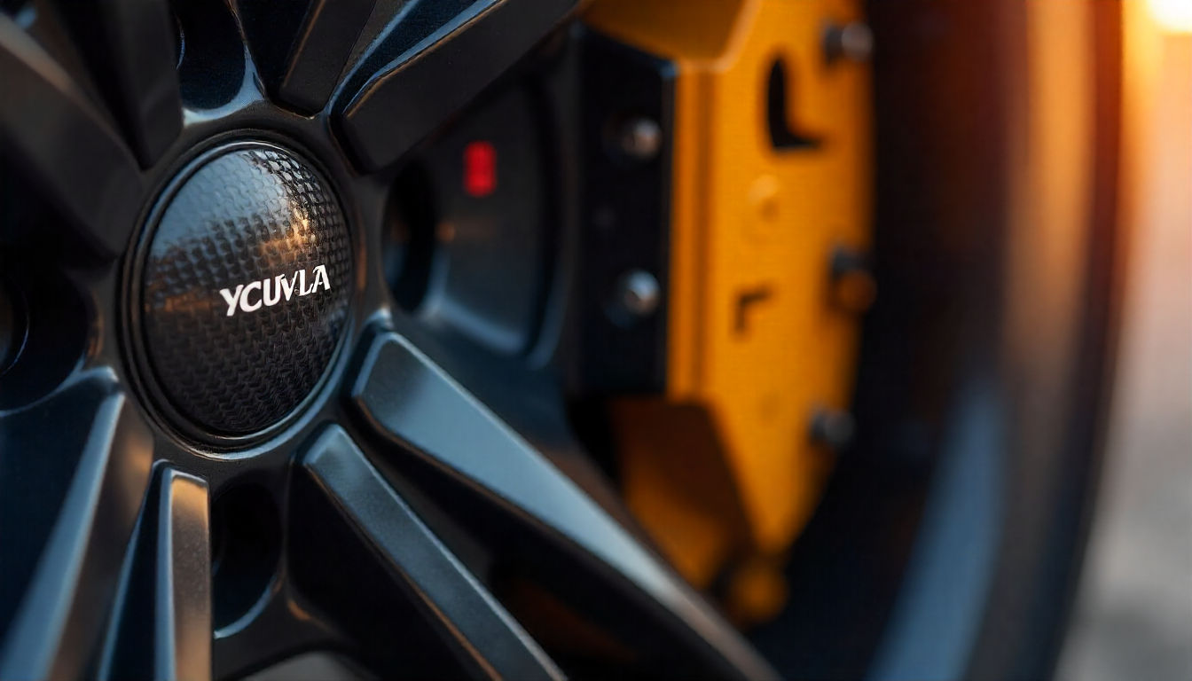Close-up of glossy carbon fiber tire valve caps on a luxury sports car wheel, highlighting the premium weave pattern and stylish automotive detail.
